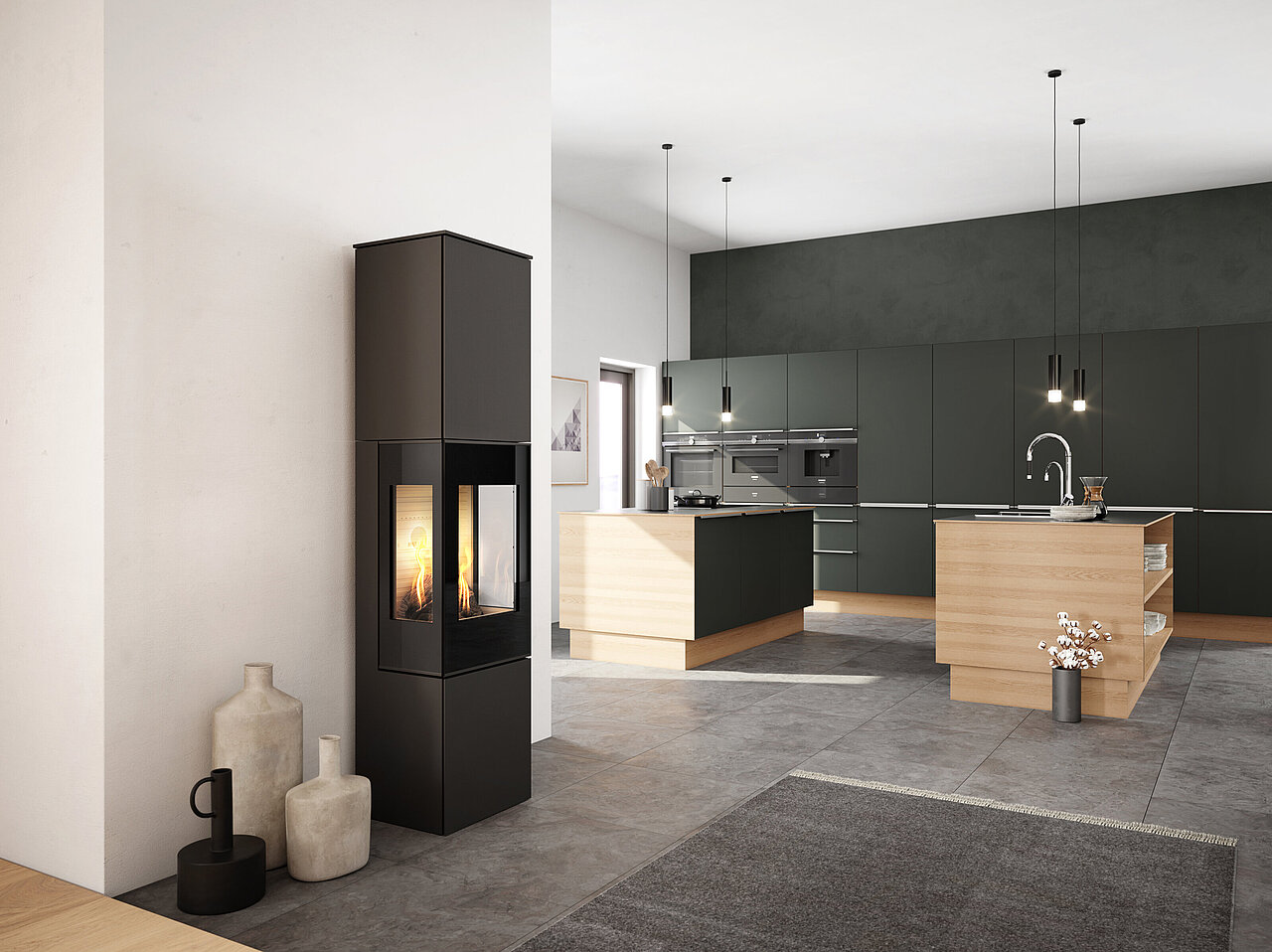 Einladende Atmosphäre: Nexo 185 Gas als eleganter Panoramakamin zwischen stilvollem Interieur Moderner Gaskamin Nexo 185 von Attika in Schwarz, raumhoch als markanter Eck-Kamin in einer minimalistischen Design-Küche mit Kochinsel installiert.